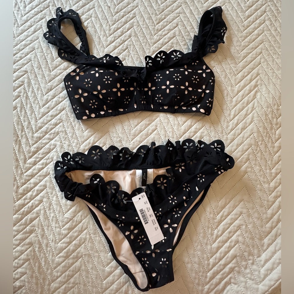 J. Crew Black Scalloped Ruffle Floral lowrider Bikini Set in laser-cut eyelet